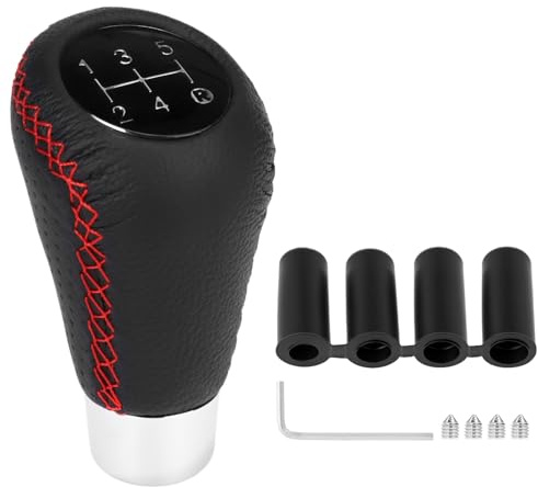 QWORK® Pomo de palanca de cambios universal de 5 velocidades, fabricado en cuero, con adaptadores de 8 mm, 10 mm, 12 mm y 14 mm.