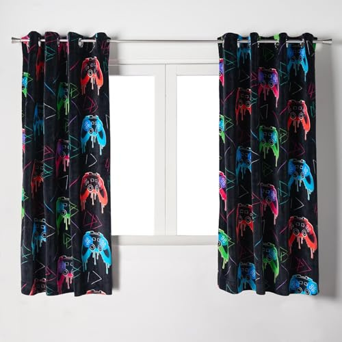 OHS 2 Panels Velvet Curtains Blackout, Gaming Print Glow In The Dark Kids Curtains Thermal Insulated Window Treatment Eyelet Curtain for Boys Bedroom Playroom 46 x 54, Multi