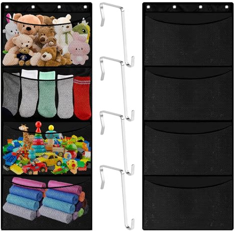 Lot de 2 Pièce Rangement Suspendu Noirs Rangement Peluche Organisateur de Porte à Quatre Couches Organisateur Suspendu Porte en Maille avec 4 Crochets en S Adapté de la Salle de Bain de la Chambre