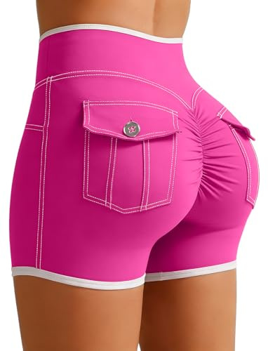 STARBILD Pantaloncini da Yoga con Cargo Tasche da Donna, 4.5'' Shorts Sportivi Push Up Glutei, Estate Leggings Corti V Crossover Vita Alta per Fitness Palestra Corsa, Rosa XS