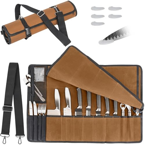 OUUTMEE Sac à Couteaux de Chef Professionnel, Marron(Sac Seul) | 14 Compartiments, Toile Cirée, Avec Protège-pointe, Imperméable, Sac Seul