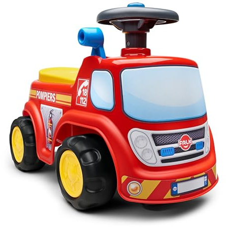 FALK Camión de Bomberos Porteur-A Partir de 12 Meses-Fabricado en Francia-Volante direccional con bocina-Palanca con Efecto sonoro-Caja de Almacenamiento-Matrícula personalizable-700, 700