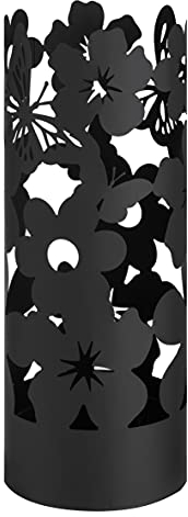 Baroni Home Porte Parapluie Design Moderne en métal ajourné en forme de fleurs, porte-parapluies avec 2 Crochets et bac d'égouttement extractible, 4 pieds antidérapant en caoutchouc, Noir, 49x19 cm