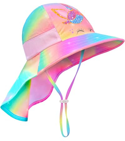 Kids Sun Hat Anti-UV Girls Wide Brim Neck Flap UPF 50+ Sun Protection Unicorn Beach Hat with Adjustable Chin Strap 2-9