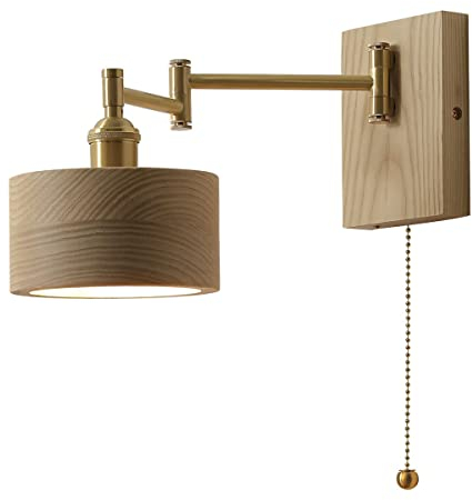 Rustikal Wandleuchte Holz mit Zugschalter, Landhausstil E27 Innen Wandlampe mit Verstellbar Messing Schwenkarm, Bettlampe Wand-Leselampe für Wohnzimmer Schlafzimmer Flur