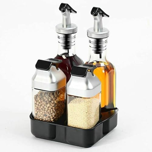 Aminno Oil & Vinegar Dispenser Salt Pepper Dispenser Set 5 pcs Set with Stand 2 x 150ml Glass Oil Bottles Drip Free Pourer 2 x 80ml Glass Pepper Salt Shakers