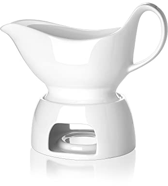 Nucookery Large Classic 17 Oz Gravy Boat with Warmer, White Fine Porcelain Saucier with Big Dripless Lip Spout, Bowl For Thanksgiving, Warming Sauces, Salad Dressings, Milk, Microwave & Freezer Safe