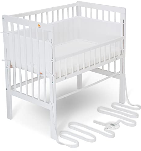 FabiMax Baby Beistellbett für Boxspringbett, TÜV geprüft 2022, inkl. Matratze und Nestchen aus Netzstoff, Buche massiv weiß, Comfort/weiß