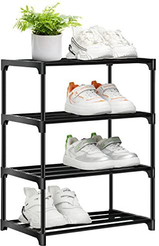 OLYREO Shoe Rack Stackable Small 4 Tier, Shoe Slots Rack Footware Storage, Slim Shoe Racks Storage Organizer, Black Shoe Stand for Hallway, Bedroom,Quick Assembly (All Black, 4 Tier)