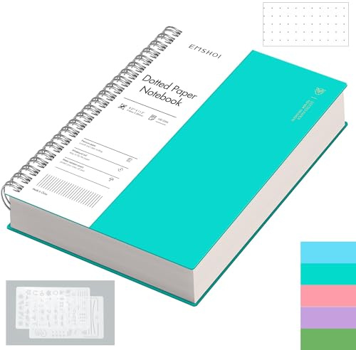 EMSHOI A4 Notebook, Spiral Dotted Journal, 300 Pages, PVC Cover, Light Blue | 100GSM Paper, Flexible Plastic Cover, Notepad with Journaling Stencils, Pocket, Pen Loop, Bookmark Ruler, 21.5 x 27.9cm