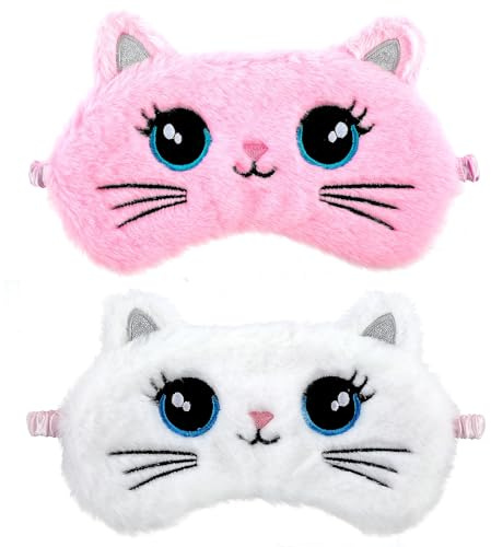 2 Pezzi Maschera per Gli Occhi In Peluche Morbida Benda per Dormire Copertura per Gli Occhi Comoda Maschera per Dormire Animale Carino Pisolino In Raso Copertura per Occhi (Stile Gatto Bianco Rosa)