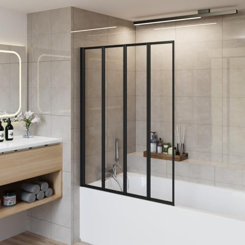 Aquariss 850x1400mm Bathroom 4 Folding Panel Bath Shower Screen 4mm Self Clear Glass Pivot Door Reversible Black