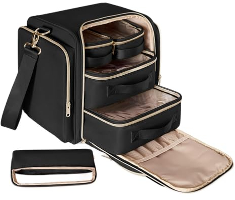 Prokva Große Makeup Tasche Reisetasche mit 5 Innentaschen, Kosmetiktasche Kosmetikkoffer Make up Organizer, Schwarz (Leere Tasche)