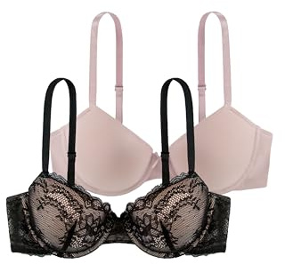 Dorina Lot de 2 Soutiens-Gorge Demi Femme Chloe – À Armatures, légèrement rembourrés avec Dentelle Florale, Tissu Microfibre Doux et Bretelles réglables, Noir et Blush