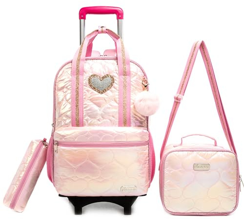 Egchescebo Kinder Weiches Material Rucksack mit Abnehmbare Rollen Kinderkoffer 17” Mädchen für Koffer Schultrolley Kindertrolley Groß Schultasche Kindergepäck 3pcs Sätze Geeignet für Grundschüler Rosa