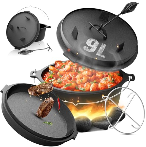 broil-master® Dutch Oven - in Ghisa, con Sollevatore Coperchio, 9 L, Sottopentola, Pre-stagionato, con Maniglia - Forno, Pentola Olandese, da Fuoco, Casseruola, da Campeggio, BBQ, Griglia