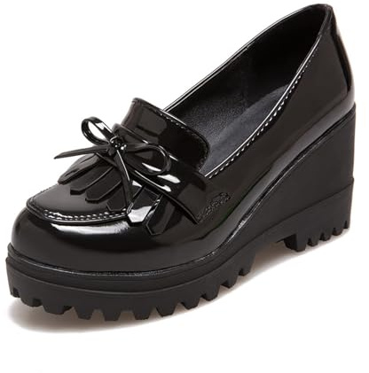 Mocassins compensés à pompons et nœud pour femme - Bout rond - Tendance - Décontracté - Pour affaires, bureau, fête, vacances, soirée - Chaussures à talons hauts, Noir , 38 EU