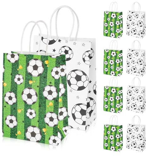 JOYSKY 12 Stück Fußball Papiertüten Geburtstagstüten Football Partytüten mit Henkel 2 Muster für Kinder Weihnachten Halloween Geburtstag Hochzeitsfeier, Geschenktüten Kindergeburtstag