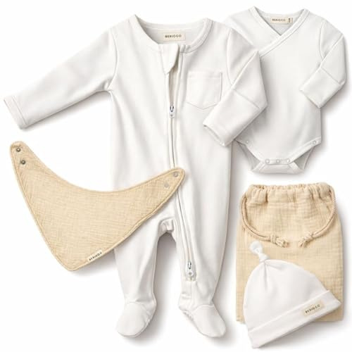 BEBICCO - Babyfödelse kit - premium - 100 % högkvalitativ ekologisk bomull (GOTS-certifierad) - 0–3 månader - pyjamas och body med integrerade handskar - mössa - haklapp och förvaringspik. (Rent vit)
