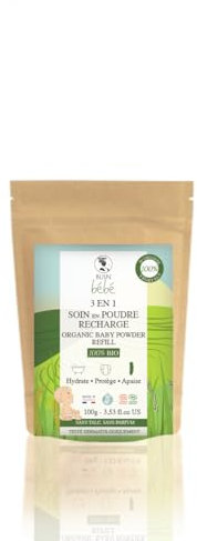 Babypuder ohne Talkum, Bio-3-in-1-Pflegepulver für Babys, Wickeln, Baden und Pflege (100 g) 100 % pflanzlich und 100 % biologisch