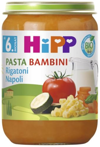HiPP Bio Pasta Bambini Rigatoni Napoli (6 x 190g), Menü ab 6. Monat, ohne Salzzusatz, mit Omega-3, in bester Bio-Qualität