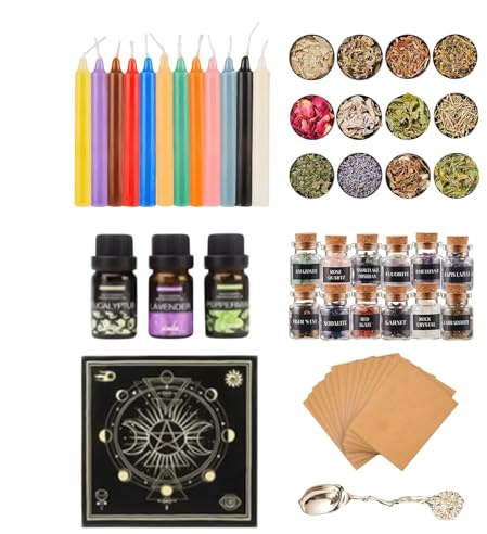 Kit de Fournitures de Sorcellerie, kit de Sorcellerie, kit de Sorts d'autels de sorcière, Fournitures et Outils wiccans pour débutants, Cristaux, Bougies, Herbes séchées