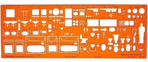 Standardgraph 1:50 Sanitär Schablone - Sanitärtechnik Designsymbole für Architekten und Ingenieure - Transparente Kunststoff Schablone für präzise Innenarchitekturpläne