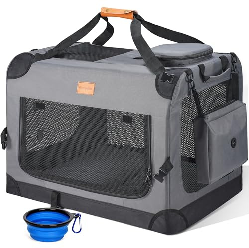 Morpilot Large Dog & Cat Carrier | Soft-Sided Pet Travel Crate, Foldable Dog Car Crate, with Collapsible Bowl, Shoulder Strap & Storage Pockets, XL, Grey, (Max 32kg)