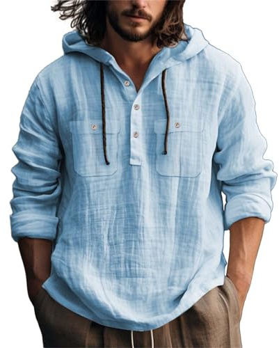 Camicia in Lino da Uomo Estiva Comode Felpe con Cappuccio Elegante Leggera Vacanze Magliette con Bottoni Tinta Unita Maniche Lunghe Camicia con Coulisse Traspirante Taglie Forti Henley Shirts
