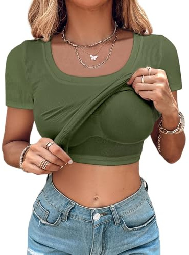 CHICME Women Built-in Bra T Shirt Top Short Sleeve Square Neck Basic Tees Casual Ribbed Knit Fitted Workout Going Out Tops Army Green-M