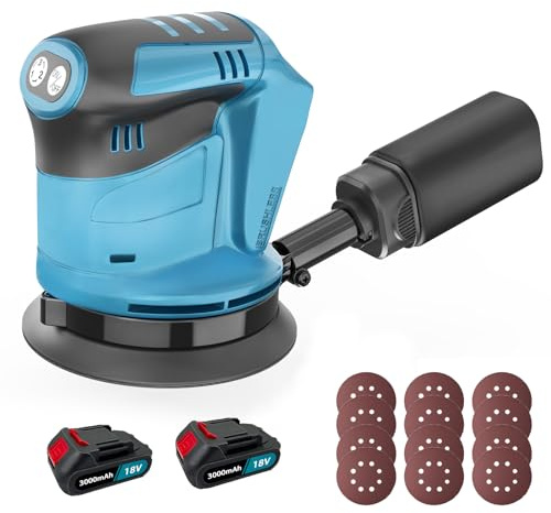 Akku Exzenterschleifer 125mm, Bürstenloser Exzenterschleifer Ersatz für Makita DBO180Z, Kabellose Elektroschleifer mit 2 x 3000mAh Akku, 12 Schleifpapier, für Holzbearbeitung, Metallbearbeitung