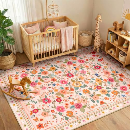INOVADAY Washable Rug Floral Print 90x150 cm Pink/Beige Living Room Rug | Bedroom, Kitchen, Dining Room, Hallway, Bedside, Home Office, Indoor, Vintage, Boho, Non-Slip, Low Pile, Soft, Easy to Clean