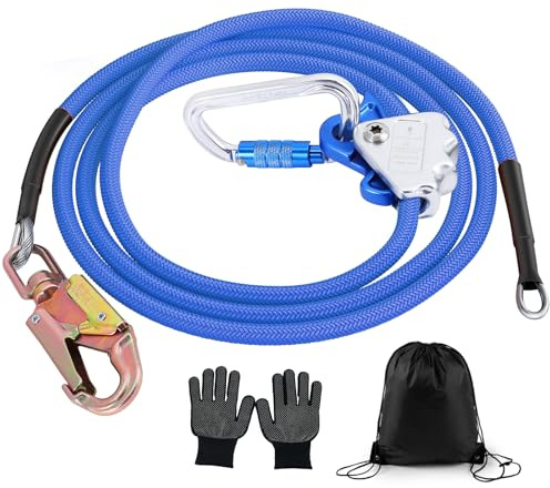 GJCrafts Stahlseilkern-Flip-Line-Set mit Triple-Lock-Karabiner, Einjustres Lanyard für minimale Dehnung in Absturzsicherung, Baumpflege und Klettern (12mm*3m)