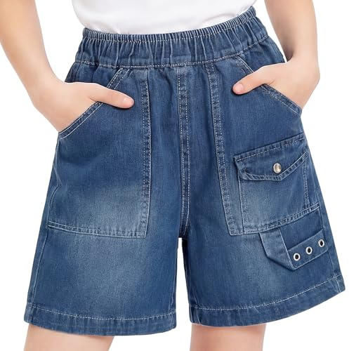 Tokeya Girls Denim Shorts Elasticated Waist Wide Leg Jean Short 7-15 Years | Pockets, Summer Casual Baggy Short, Soft Comfortable, Stretch, Loose Fit Kids Pant, Beach Holiday School Daily Play