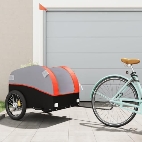 Runheo Cykelvagn svart och orange av järn 45 kg lastkapacitet med säkerhetsflagga, vikbar för bagage, hundar, barn, transport, cykelkoppling, utomhusturer