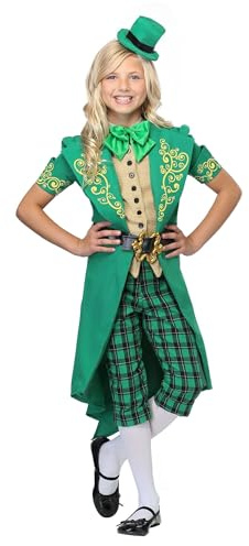 Girls Charming Leprechaun Costume, St. Patricks Day Outfit For Kids With Tailcoat Jacket, Pants, Belt, Socks, Scarf, And Hat
