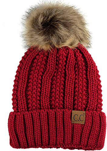 C.C Thick Cable Knit Faux Fuzzy Fur Pom Fleece Lined Skull Cap Cuff Beanie, Red