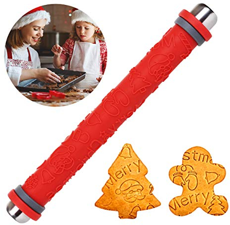 LIHAO Teigroller Silikon Nudelholz Muster Weihnachten Prägerolle Prägung für Teig DIY Keks Backen Dekoration, Rot