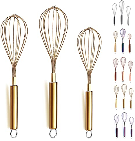 Kyraton Stainless Steel Whisk Set, 8, 10, 12 (3 Pieces), Titanium Plated Golden Whisk, Kitchen Use