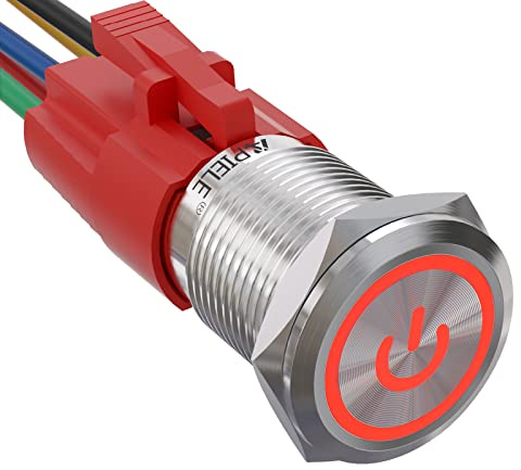 APIELE Interruttore a pressione da 16 mm, 12 VDC 5 A, in acciaio inox con simbolo di alimentazione a LED, impermeabile, interruttore a pulsante con spina precablata, per auto, camion, barca,
