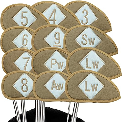 Couvre Club De Golf Fer Capuchon Protege Housse Protection Cache Cuir synthétique de Luxe pour gaucher droitier Lot de 12, Golf Club Covers Headcover Set avec Numéro Facile des Deux Cotés (Marron)