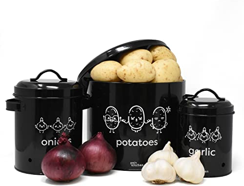 joeji's Kitchen rangement pomme de terre oignon ail Lot de 3,Métal boite oignons ail echalotte avec couvercle avec circulation d'air à 360°- Rangement Pomme de Terre - Noire