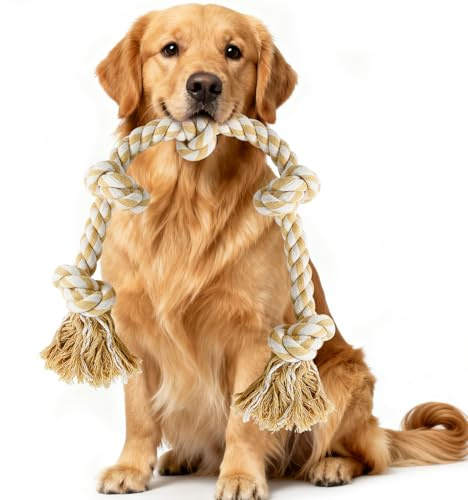 Vivifying Dog Rope Toy for Large Dogs, 90cm Dog Toys Indestructible with Strong knotted, Dog Chews Long Lasting Natural for Boredom,Tug of War&Teeth Cleaning (Beige&White)