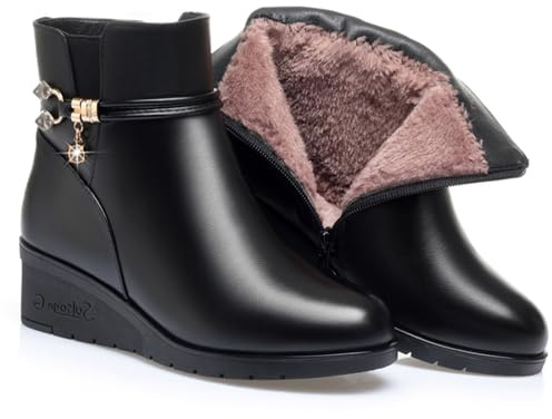 Women's Black Wedge Heel Ankle Booties Soft Leather Platform Side Zipper Sparkling Rhinestones Winter Warm Fur Lined Thickening Snow Boot (Black A,7,7,Women)