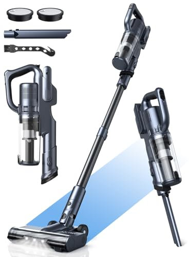 MIUZZY 30000Pa Staubsauger Kabellos, Akku-Staubsauger mit 50 Minuten Laufzeit, Freistehend, Anti-verheddernd, Leicht und Leistungsstark Staubsauger für Hartböden, Teppiche und Tierhaare, Schwarz