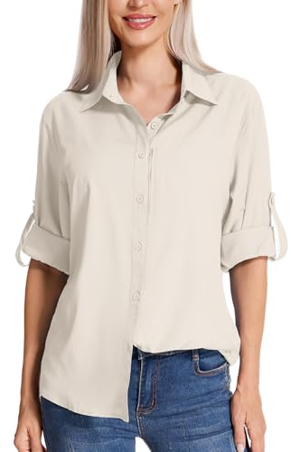 yeyity Chemisier à manches longues pour femme avec protection UV, t-shirt de sport à séchage rapide, chemise safari décontractée, haut à boutons pour la plage et les vacances d’été, blouse élégante