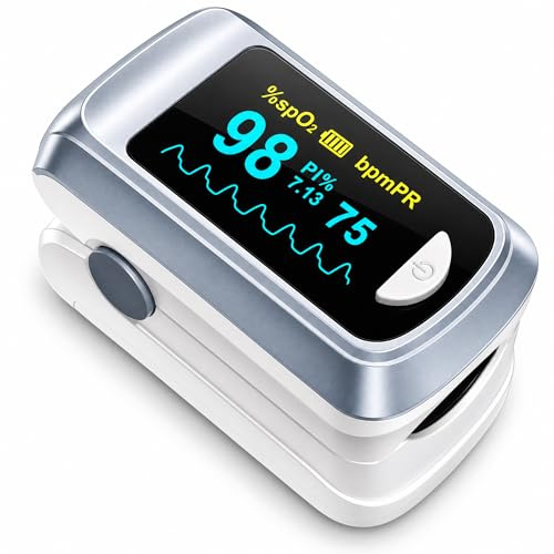 Healthtree JKS50B Pulse Oximeter Fingertip, Blood Oxygen monitor with PI, Fast 5-8s Reading, Large OLED Display, SpO2 & Heart Rate monitor for Home, Sports, Travel (Includes Batteries & Lanyard)