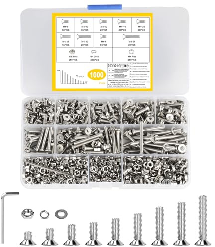 1000 PZ M4 Set di viti, set di viti a testa svasata e dadi, set di viti a testa piatta e viti a esagono interno e dadi, set di viti filettate in acciaio inox e rondelle, set di viti per macchina