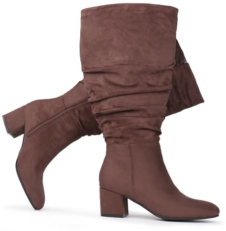 Chicblooms Bottes habillées extra larges pour femmes, bottes souples en daim à talon carré, Daim marron, EU40.5
