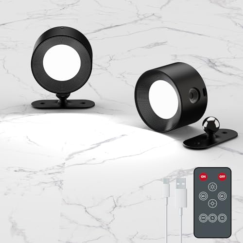 Coollamp LED Battery Operated Wall Lights, 2Pack Wall Lamp with Remote Control 3 Color Modes 360°Rotate Magnetic, Reading Lights for Living Room Bedroom Black